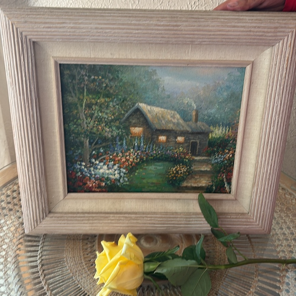Original oil painting cottagecore cabin and flowes